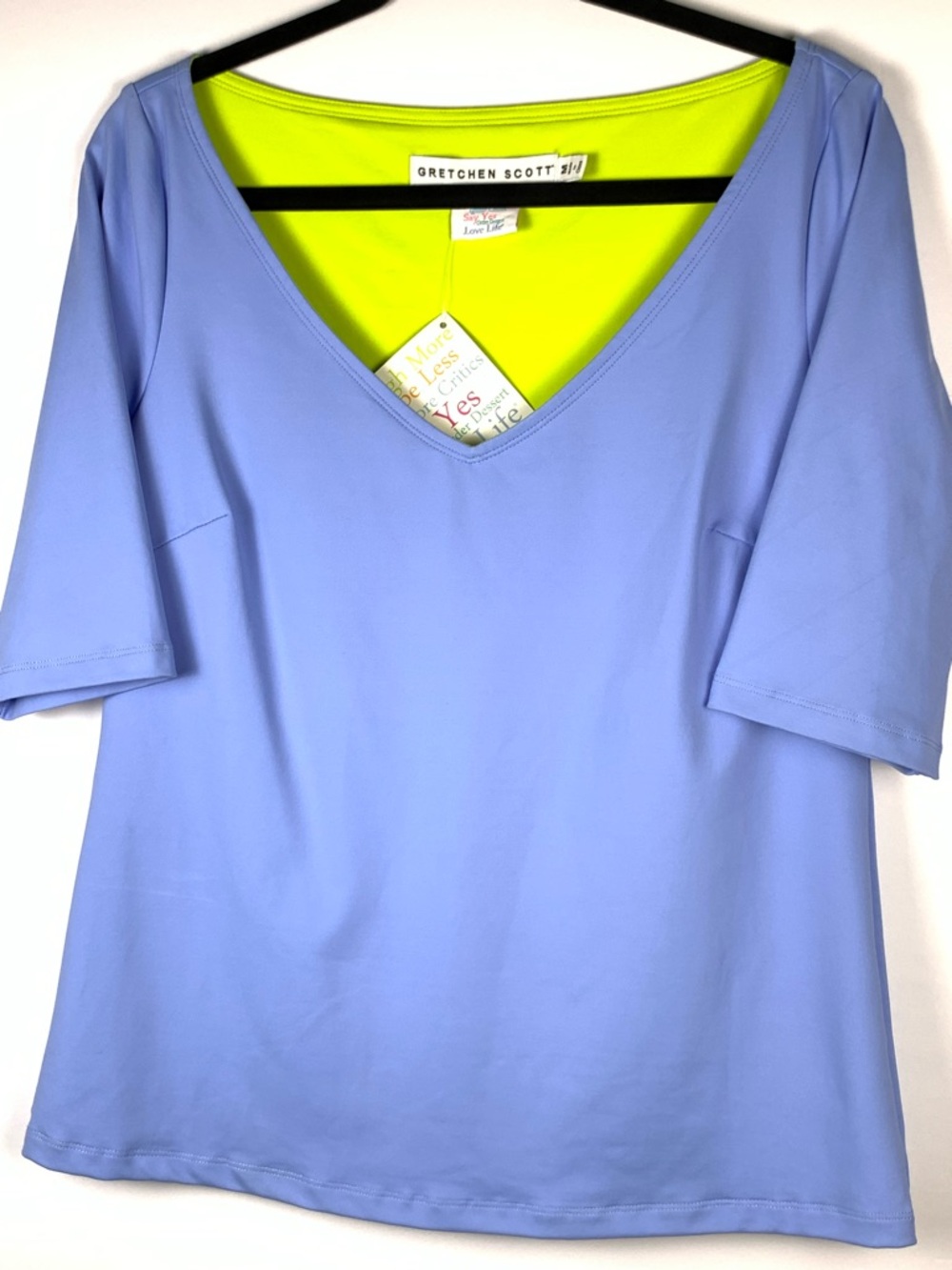 Gretchen Scott NWT Womens Medium Blue V Neck Stretch Top 3/4 Sleeve Golf - Picture 2 of 15